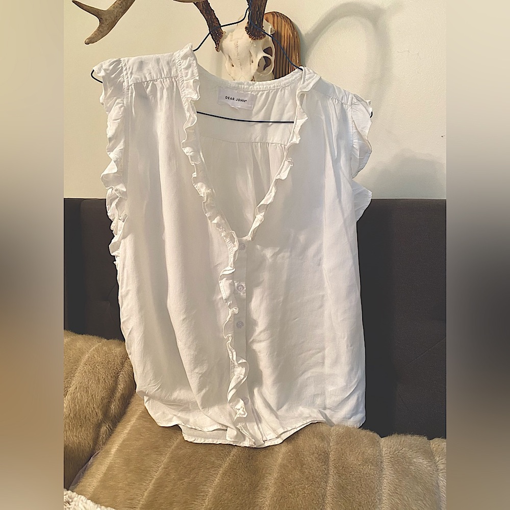 White,  flawless ruffled top by Dear John